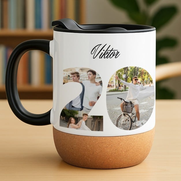 Kaffeebecher mit Foto Weiß/Glänzend mit Korkboden für ihn zum 20. Geburtstag