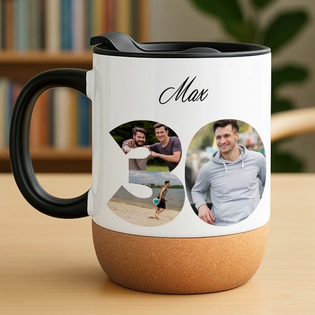 Kaffeebecher mit Foto Weiß/Glänzend mit Korkboden für ihn zum 30. Geburtstag