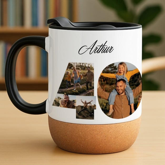 Kaffeebecher mit Foto Weiß/Glänzend mit Korkboden für ihn zum 40. Geburtstag