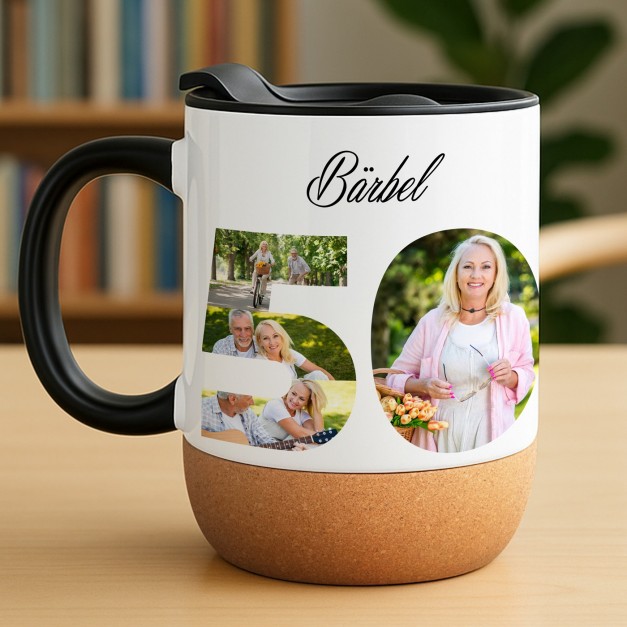 Kaffeebecher mit Foto Weiß/Glänzend mit Korkboden für sie zum 50. Geburtstag