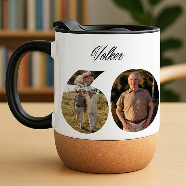 Kaffeebecher mit Aufdruck Weiß/Glänzend mit Korkboden für Ihren Opa zum 60. Geburtstag