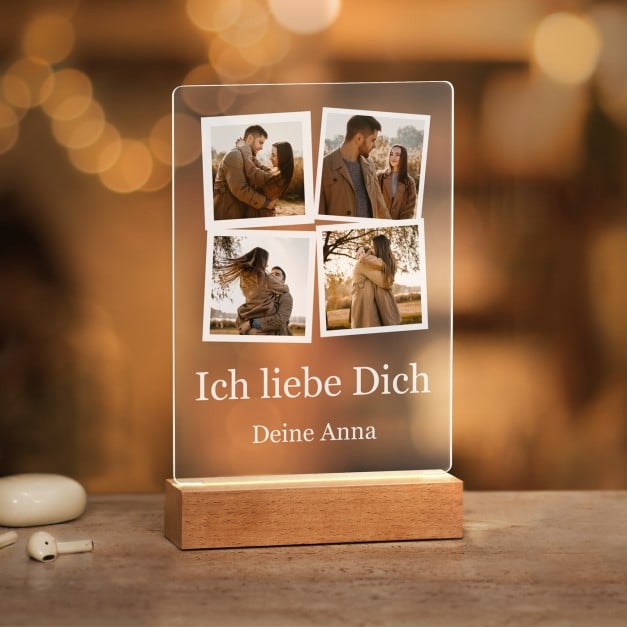 Beleuchteter LED-Rahmen mit eigenen Fotos und Holzständer Größe L für einen Mann zum Geburtstag
