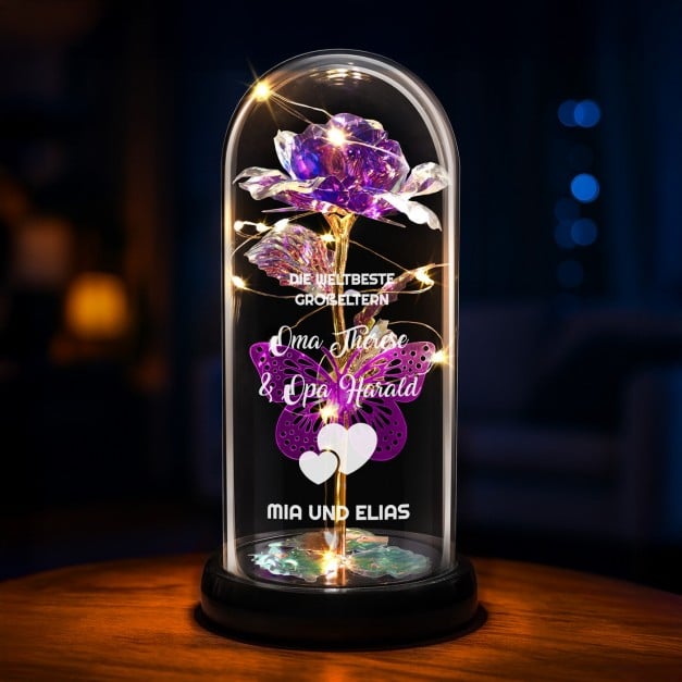 Ewige Rose in Glaskuppel mit LED-Lichtern mit Gravur für Ihre Oma und Ihren Opa