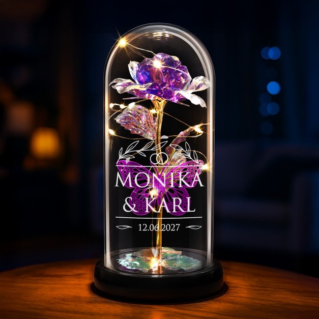 Ewige Rose in Glaskuppel mit LED-Lichtern mit Gravur für ein Paar zum Hochzeitsjubiläum