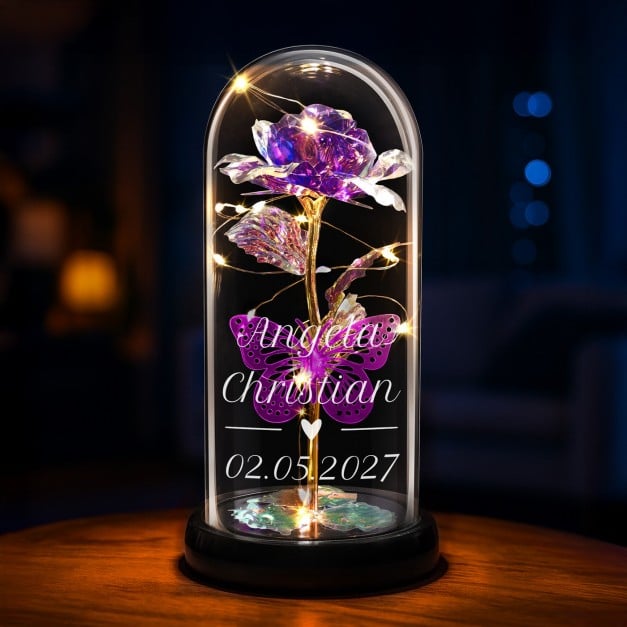 Ewige Rose in Glaskuppel mit LED-Lichtern mit Gravur zum Hochzeitstag