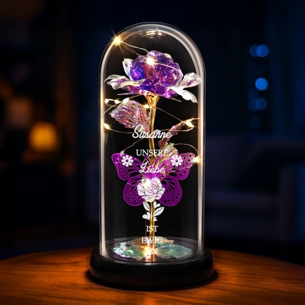 Ewige Rose in Glaskuppel mit LED-Lichtern mit Gravur für Ihre Freundin Ihre Ehefrau