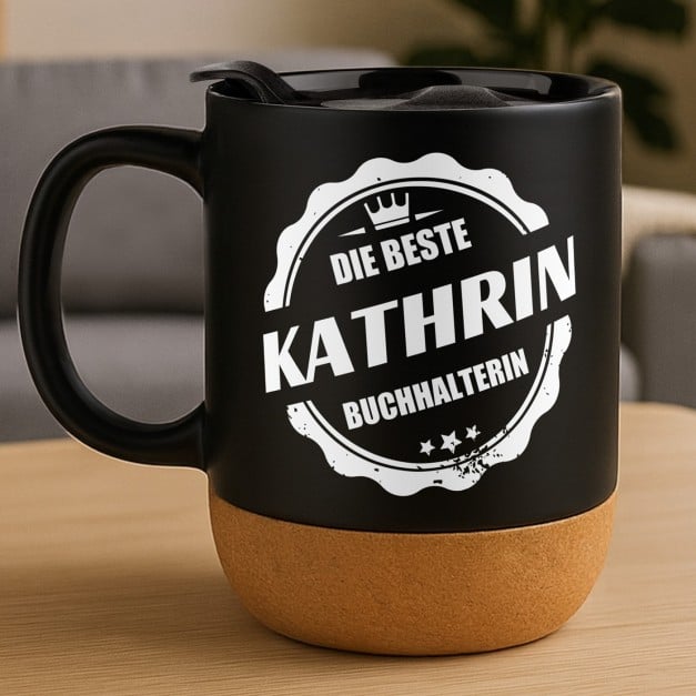 Kaffeebecher mit Aufdruck Schwarz/Matt mit Korkboden für eine Buchhalterin