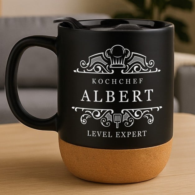 Kaffeebecher mit Aufdruck Schwarz/Matt mit Korkboden für einen Chefkoch