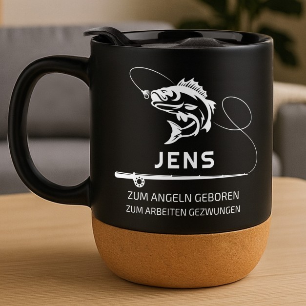 Kaffeebecher mit Aufdruck Schwarz/Matt mit Korkboden für einen Angler