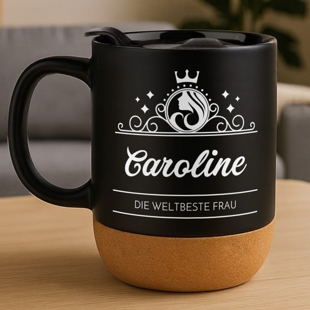 Kaffeebecher mit Aufdruck Schwarz/Matt mit Korkboden für sie zum Frauentag