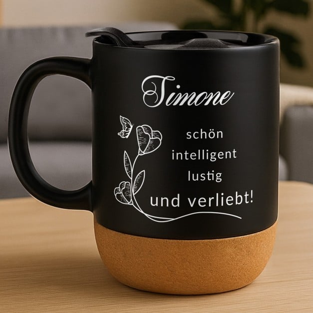 Kaffeebecher mit Aufdruck Schwarz/Matt mit Korkboden für Ihre Ehefrau, Freundin zum Jahrestag