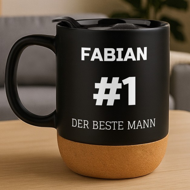 Kaffeebecher mit Aufdruck Schwarz/Matt mit Korkboden zum Jungentag