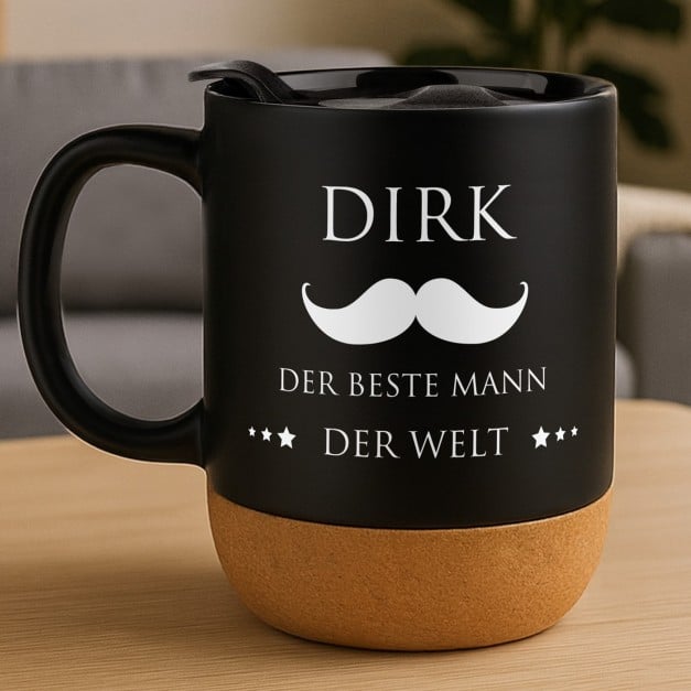 Kaffeebecher mit Aufdruck Schwarz/Matt mit Korkboden für Ihren besten Freund