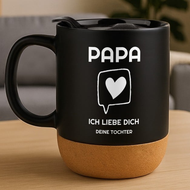 Kaffeebecher mit Aufdruck Schwarz/Matt mit Korkboden für Ihren Papa zum Vatertag