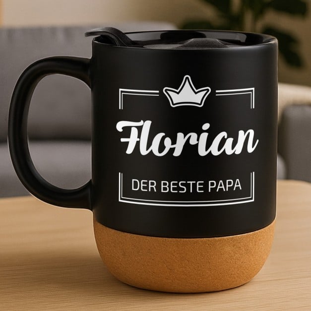 Kaffeebecher mit Aufdruck Schwarz/Matt mit Korkboden für Ihren Papa
