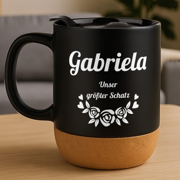 Kaffeebecher mit Aufdruck Schwarz/Matt mit Korkboden für Ihre Mama