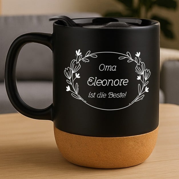 Kaffeebecher mit Aufdruck Schwarz/Matt mit Korkboden für Ihre Oma
