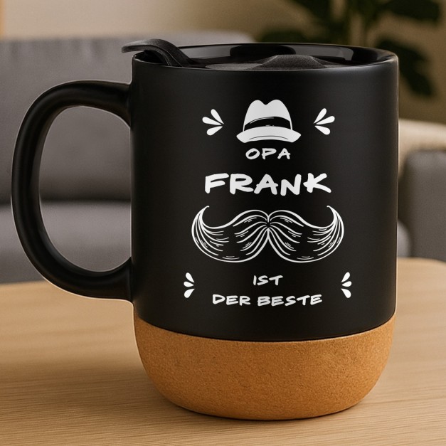 Kaffeebecher mit Aufdruck Schwarz/Matt mit Korkboden für Ihren Großvater