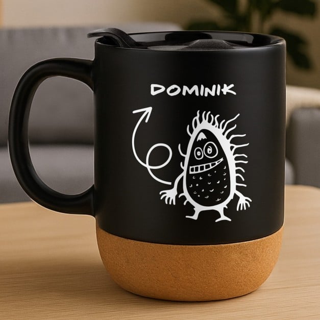 Kaffeebecher mit Aufdruck Schwarz/Matt mit Korkboden für einen Jungen zum Ehrentag