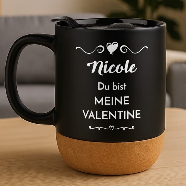 Kaffeebecher mit Aufdruck Schwarz/Matt mit Korkboden für Ihre Ehefrau Freundin zum Valentinstag