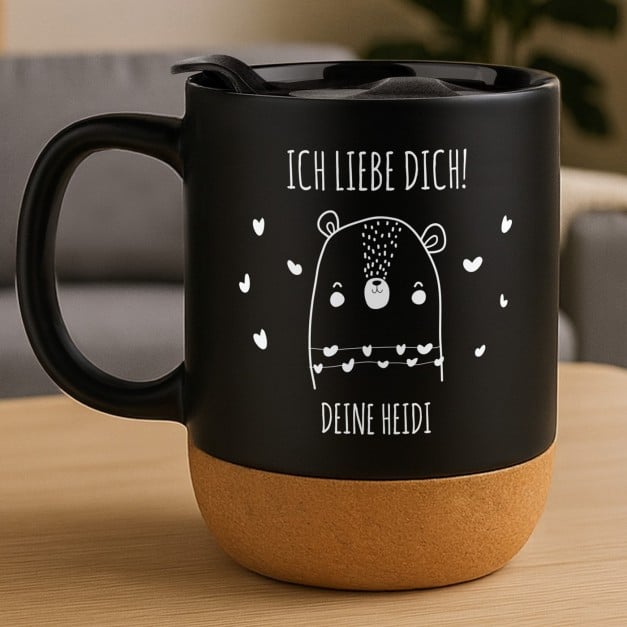 Kaffeebecher mit Aufdruck Schwarz/Matt mit Korkboden für ihn zum Valentinstag Hochzeitstag Ehrentag