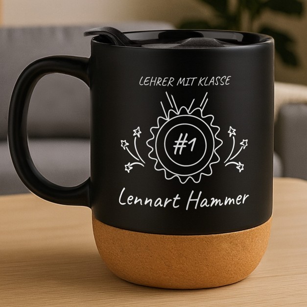 Kaffeebecher mit Aufdruck Schwarz/Matt mit Korkboden für Ihren Klassenlehrer zum Lehrertag