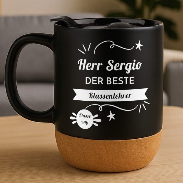 Kaffeebecher mit Aufdruck Schwarz/Matt mit Korkboden für Ihren Lehrer zum Lehrertag