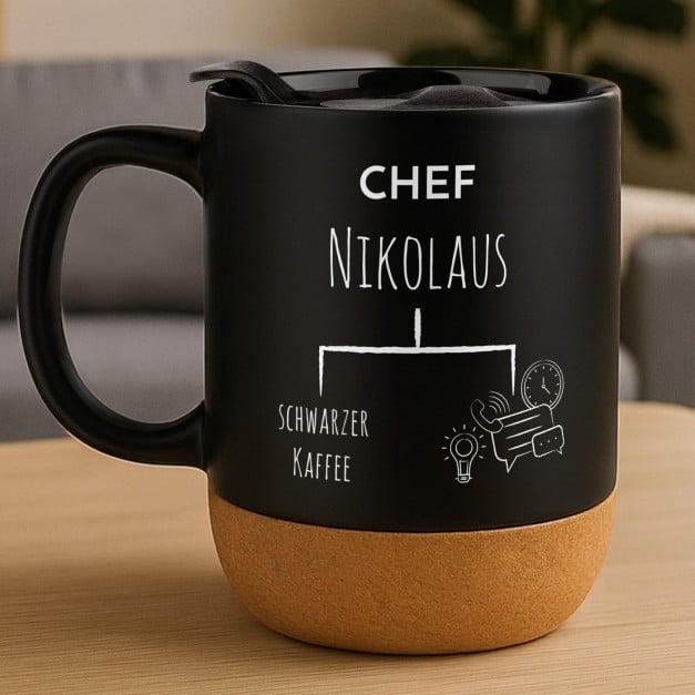 Kaffeebecher mit Aufdruck Schwarz/Matt mit Korkboden für Ihren Chef zum Geburtstag