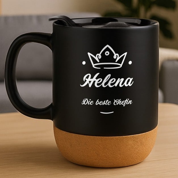 Kaffeebecher mit Aufdruck Schwarz/Matt mit Korkboden für sie zur Beförderung zum Ehrentag