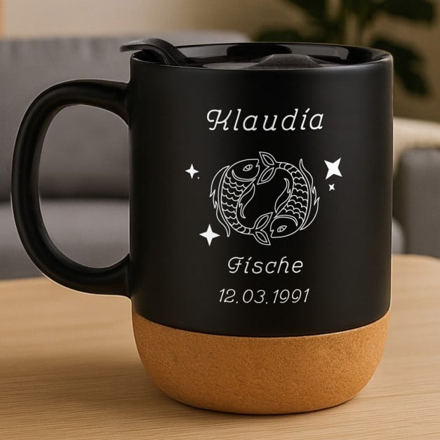 Kaffeebecher mit Aufdruck Schwarz/Matt mit Korkboden für sie zum Geburtstag