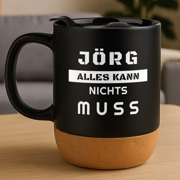 Kaffeebecher mit Aufdruck Schwarz/Matt mit Korkboden für einen Rentner, Magister, Ingenieur