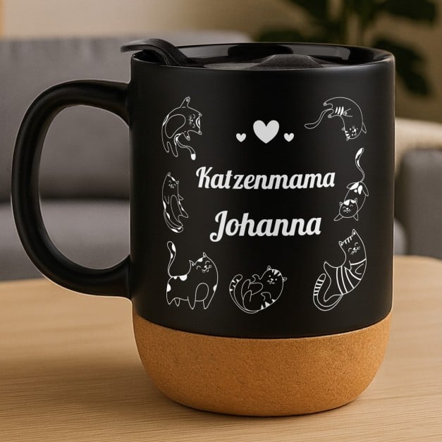 Kaffeebecher mit Aufdruck Schwarz/Matt mit Korkboden für eine Katzenliebhaberin