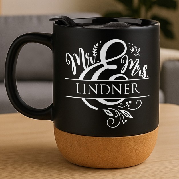 Kaffeebecher mit Aufdruck Schwarz/Matt mit Korkboden für ein Paar zum Hochzeitstag zur Hochzeit oder Einweihungsparty