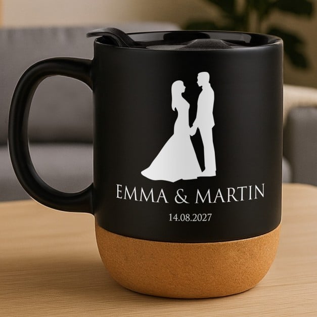 Kaffeebecher mit Aufdruck Schwarz/Matt mit Korkboden für ein Paar, Ihre Ehefrau, Ihren Ehemann zur Hochzeit zum Hochzeitstag
