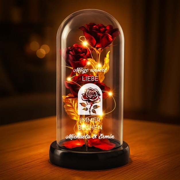 Ewige, rote Rose in Glaskuppel mit LED-Lichtern mit Gravur für ein Paar Ihren Ehemann Ihre Ehefrau zum Hochzeitstag