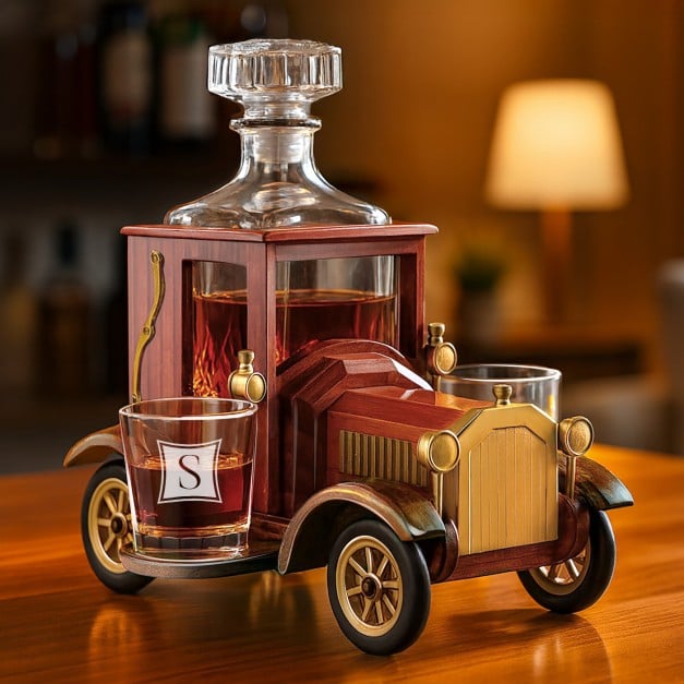 Whisky Karaffe mit 2 gravierbaren Gläsern im Holzwagen für einen Whiskygenießer