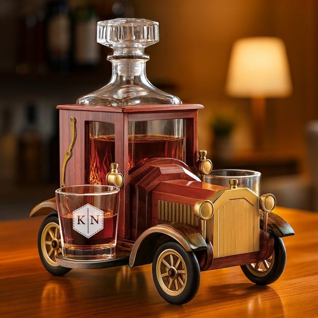 Whisky Karaffe mit 2 gravierbaren Gläsern im Holzwagen für sie ihn ein Paar