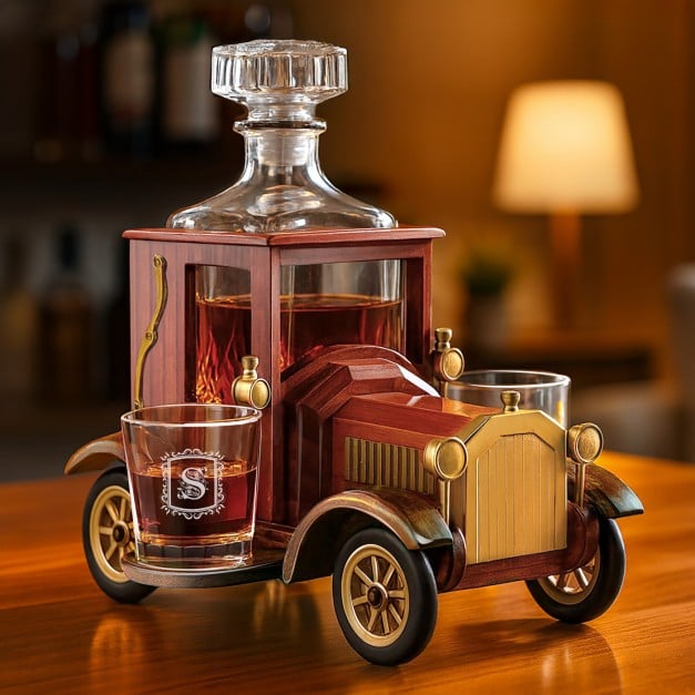 Whisky Karaffe mit 2 gravierbaren Gläsern im Holzwagen für sie ihn