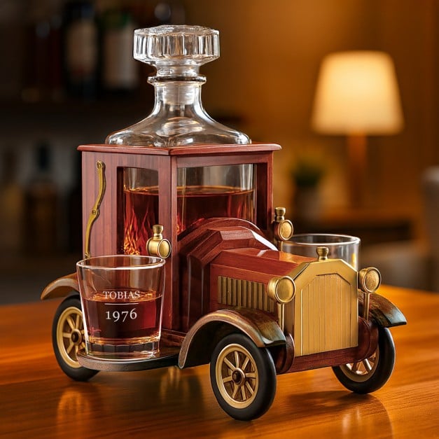 Whisky Karaffe mit 2 gravierbaren Gläsern im Holzwagen für ihn zum 40. Geburtstag