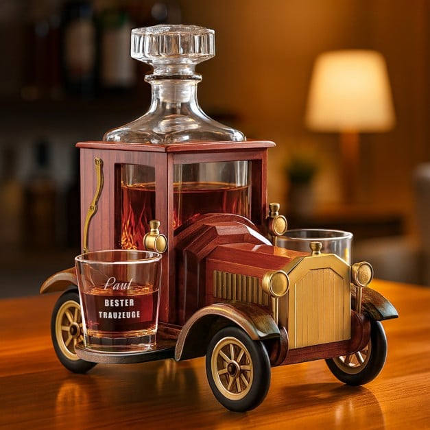 Whisky Karaffe mit 2 gravierbaren Gläsern im Holzwagen für Ihren Trauzeugen als Dankeschön