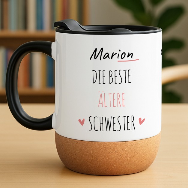 Kaffeebecher mit Foto Weiß/Glänzend mit Korkboden für Ihre ältere Schwester