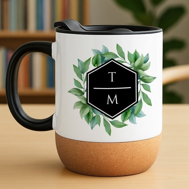 Initial Kaffeebecher mit Foto Weiß/Glänzend mit Korkboden für sie/Ihn zum Geburtstag