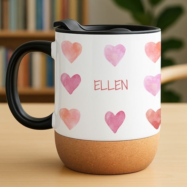 Kaffeebecher mit Aufdruck Weiß/Glänzend mit Korkboden für eine Frau zum Valentinstag