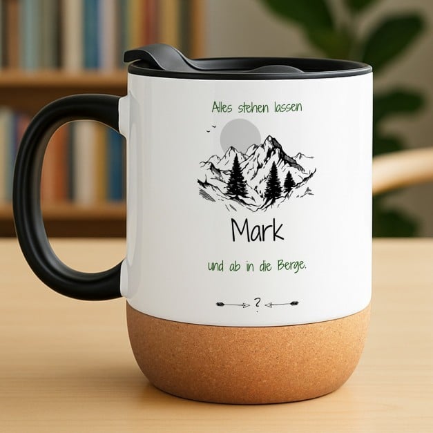 Kaffeebecher mit Foto Weiß/Glänzend mit Korkboden für Wanderfreunde und Gipfelstürmer zum Geburtstag