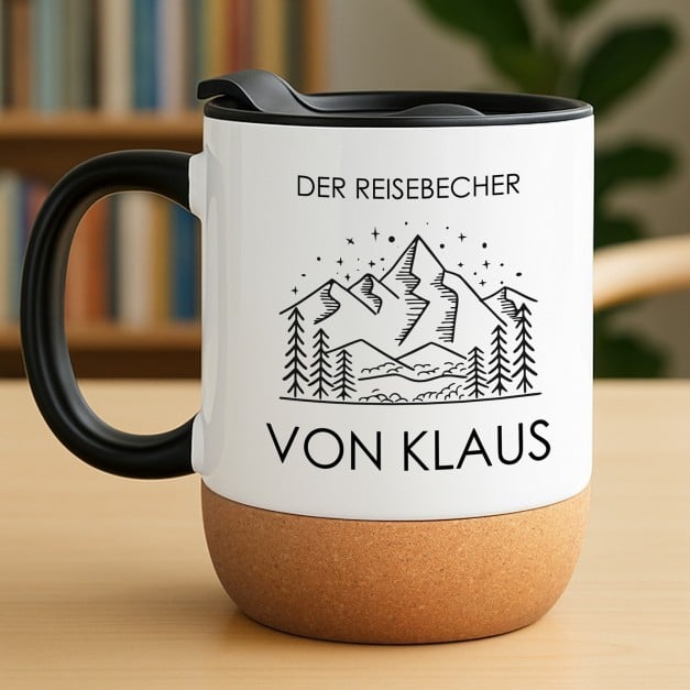 Kaffeebecher mit Foto Weiß/Glänzend mit Korkboden für einen Abenteurer auf Achse zum Geburtstag, Valentinstag