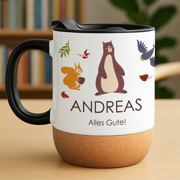 Kaffeebecher mit Foto Weiß/Glänzend mit Korkboden für einen Jungen zum Geburtstag