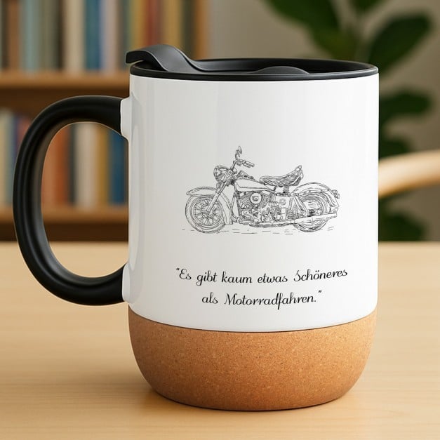 Kaffeebecher mit Foto Weiß/Glänzend mit Korkboden für einen Motorradfahrer
