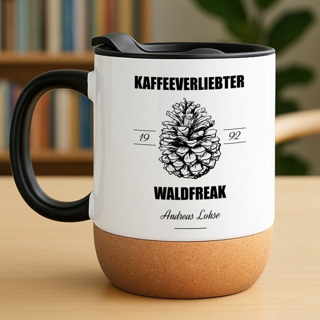 Kaffeebecher mit Foto Weiß/Glänzend mit Korkboden für ihn zum Geburtstag