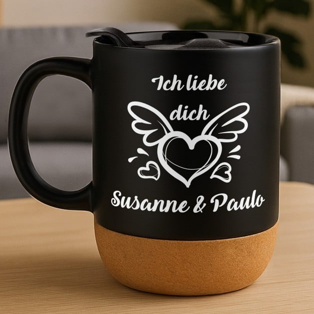 Kaffeebecher mit Aufdruck Schwarz/Matt mit Korkboden für Ihre Freundin, Ihren Freund zum Valentinstag