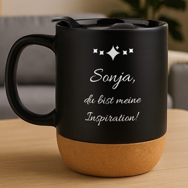 Kaffeebecher mit Aufdruck Schwarz/Matt mit Korkboden für sie zum Frauentag
